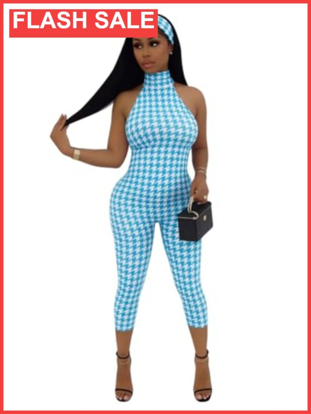 Sexy Houndstooth Halter Backless Bodycon Romper with Headscarf